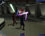 The three Jedi fighting a Sith apprentice.